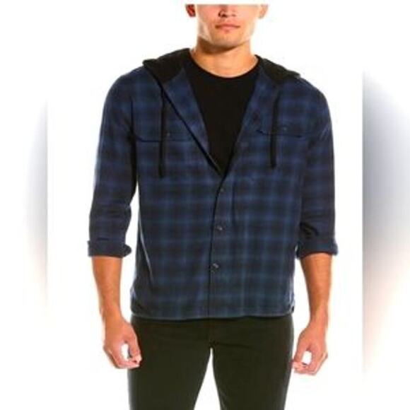 VINCE Men's Tonal Shadow Plaid Hooded Shirt In Blue Size M NWT - Picture 3 of 12